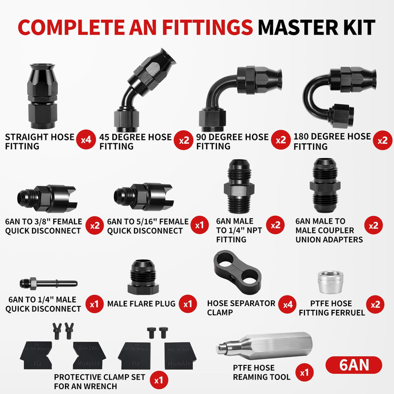 6AN PTFE Hose End Fittings Kit,0/45/90/180 Degree Fittings with Quick-Disconnect Adapters,AN Wrench Protectors & PTFE Hose Assemby Tool For LS Swap EFI System 6AN (27pcs) Black