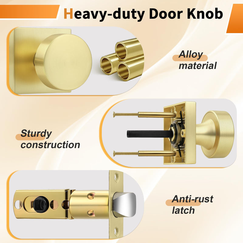 Probrico Gold Door Knobs Interior, Brushed Brass Passage Door Knob for Hallway Closet, Square Closet Door Knob with Round Knob, 3 Pack Brushed Gold