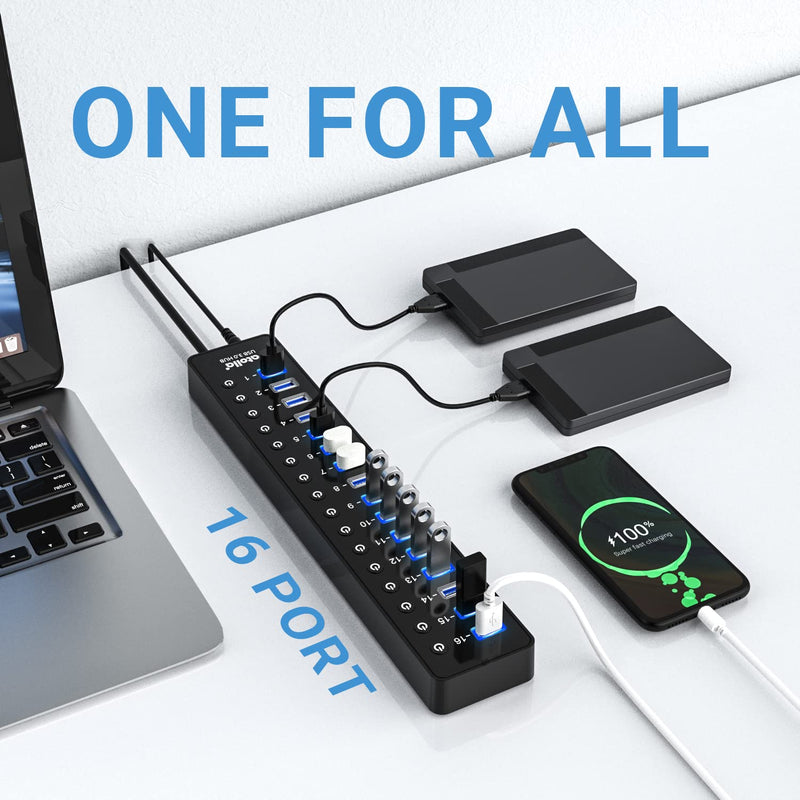 Power USB Hub 3.0, atolla 16 Port USB Splitter with 12V/6A Power Adapter and Individual Switches, High-Speed Data Transfer for Laptop, PC, Mac, and More Devices