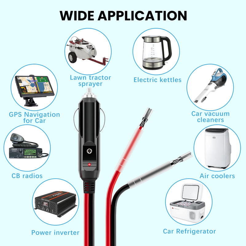 YONHAN Cigarette Lighter Male Plug 12V Fused Replacement 2 Pack, Male Cigarette Lighter Plug Adapter with Leads & LED Light, 12v Plug Connector Socket 1FT 16AWG Extension Cable with 15A Fuse