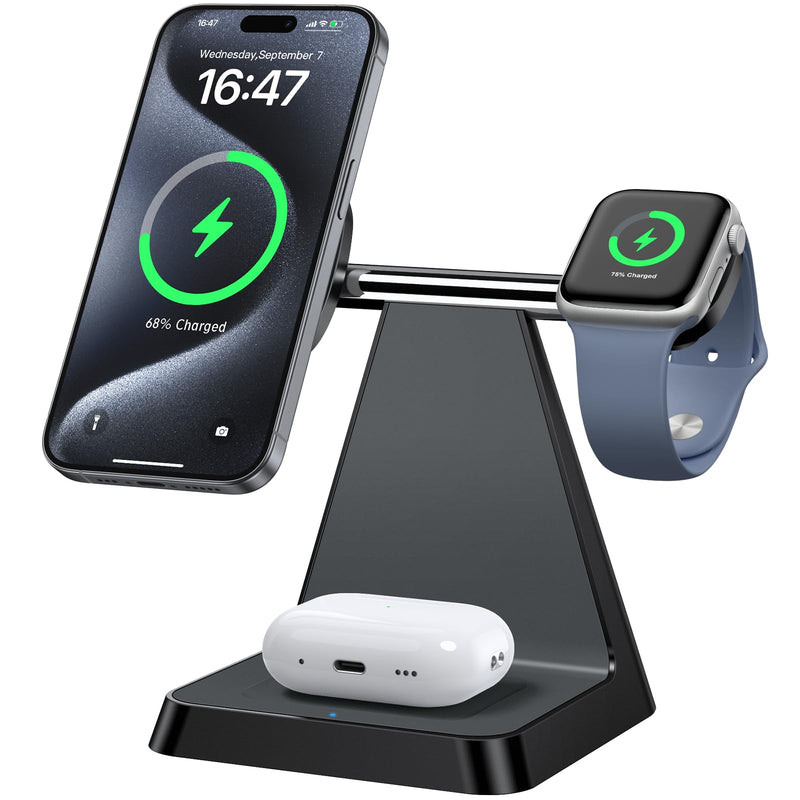 Charging Station for Multiple Devices Apple: Woruda 3 in 1 Magnetic Wireless Charger Stand for Mag Safe iPhone - Nightstand Charging Dock for iPhone 15 14 13 12 Pro Max Plus Apple Watch Airpods Black
