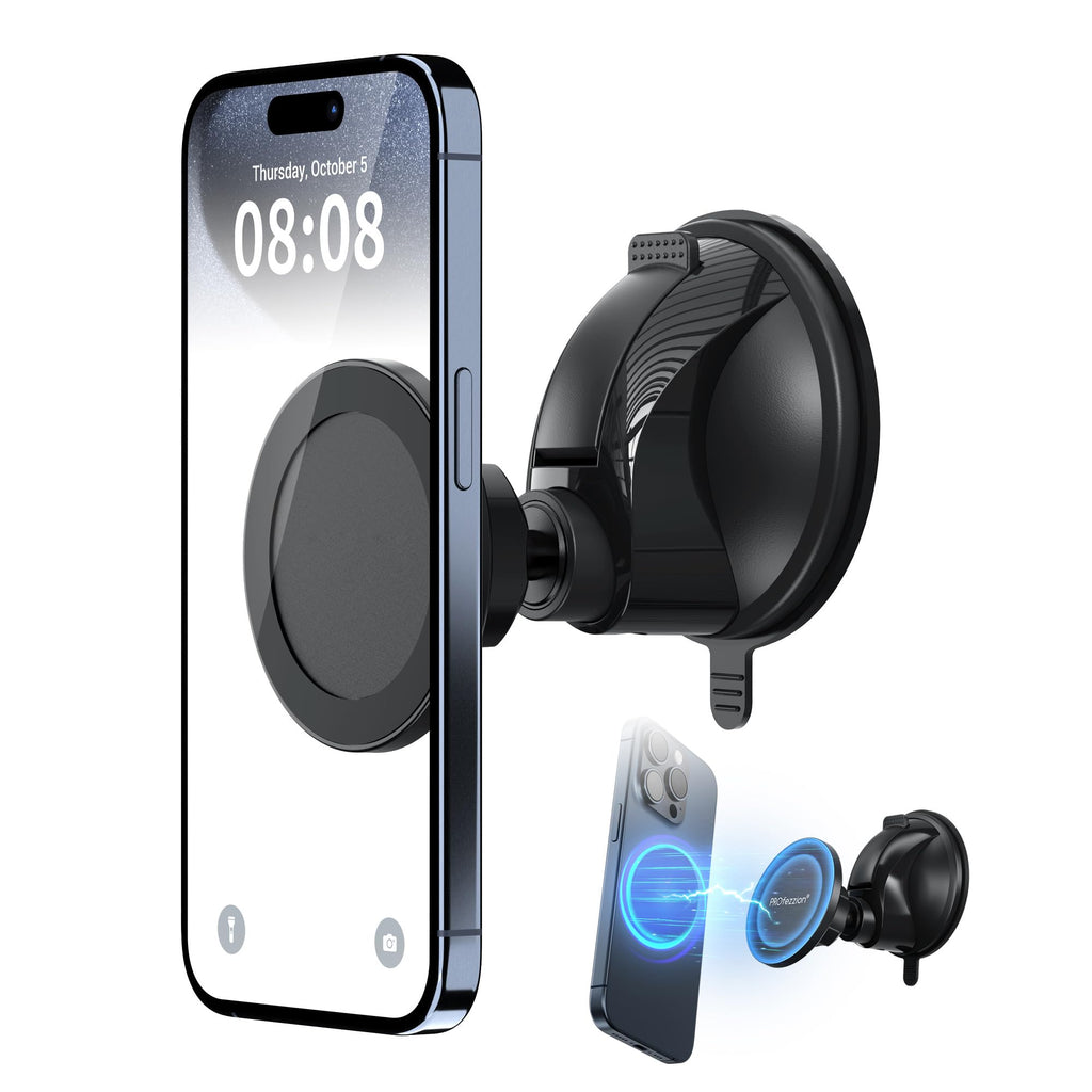 PROfezzion Magnetic Shower Mirror Phone Holder Reusable Suction Cup Phone Mount Compatible with iPhone 15 14 13 12 & All Phones, Rotating Stand for Glass Window Bathroom Kitchen Makeup Video, Black