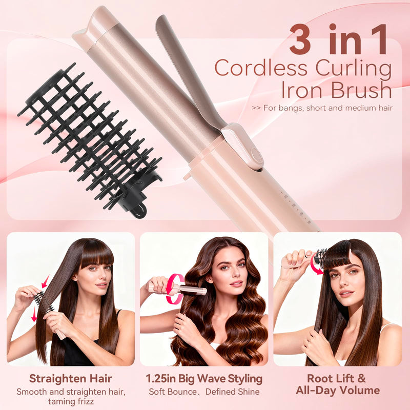 Cordless Curling Iron Brush, 3-in-1 Portable Travel Hair Curler & Straightener Wand, 7000mAh USB Rechargeable, 4 Heat Settings Anti-Scald Ionic Mini Hot Brush for Styling, Smoothing (Pink) Pink