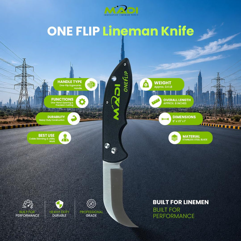 MADI PTOLK-1P OneFlip Lineman Knife (Pointed), Stainless steel