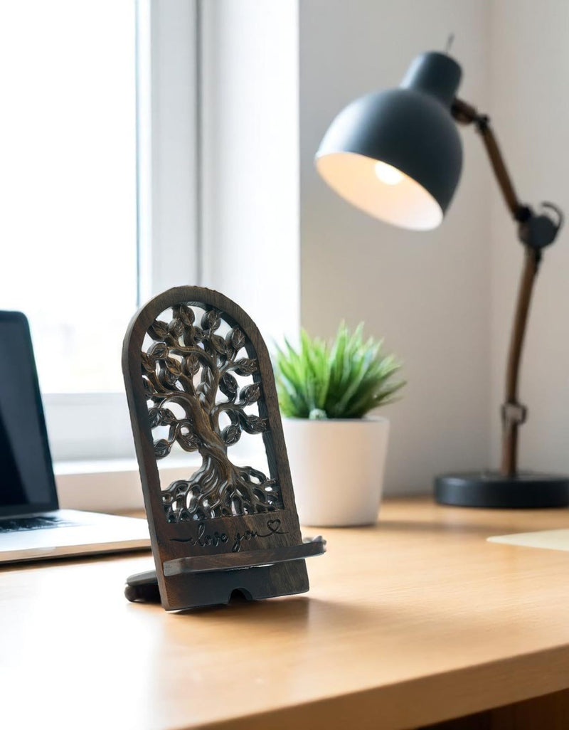 Handicraftviet - Handcrafted Wooden Tree of Life Phone Stand, Engraved “I Love You” – Vintage Desk Docking Station for Smartphone – Gift for Mom, Grandma, Sister, Dark Brown (Tree of Life)