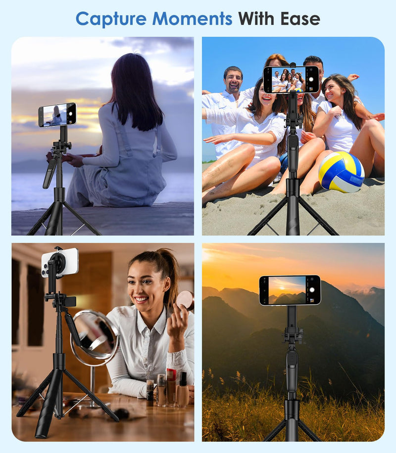 MoKo 68" Magnetic Selfie Stick Compatible with MagSafe, Extendable Rotatable Phone Tripod Stand with Remote for iPhone 15 14 13 12 and All Phones with Metal Ring, Fit for Selfie/Photo/Live/Vlog, Black