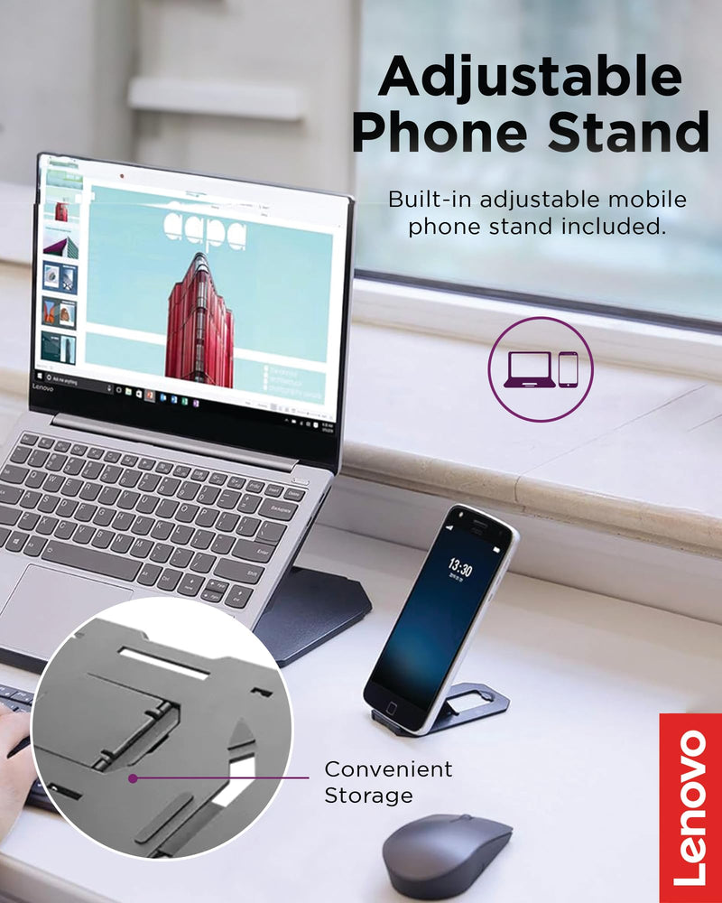 Lenovo 2-in-1 Laptop Stand - Adjustable, Portable, Foldable, Ergonomic, Non-Slip, Compatible with Laptops up to 15" and Cell Phones, Ideal for Travel For Laptops Up to 15"