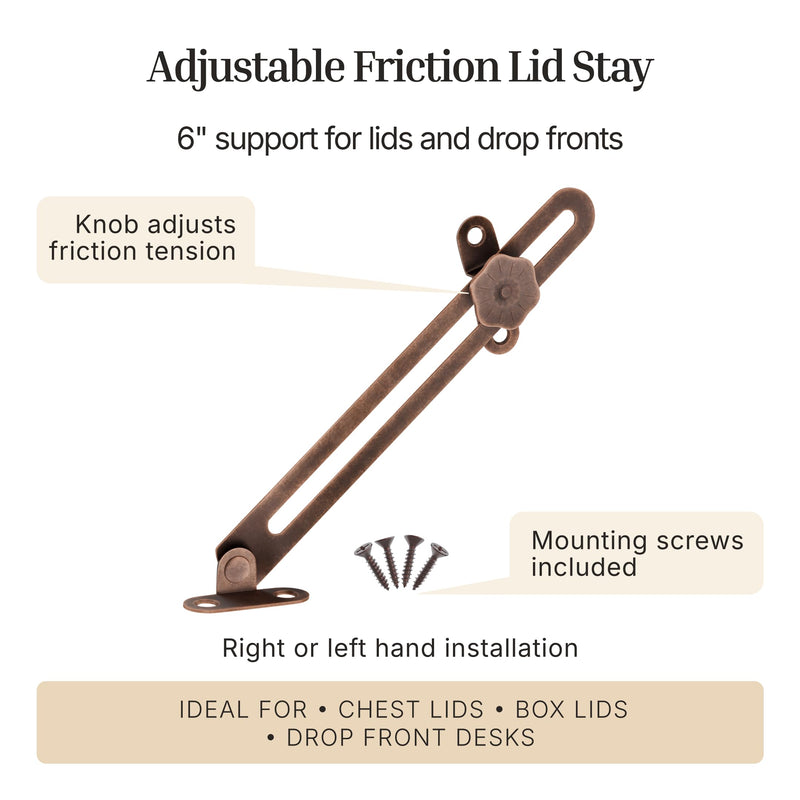 6" Antique Copper Adjustable Friction Lid Stay | Pack of 4 | Right or Left Hand | with Knob for Adjustment | Lid Support Hinge for Antique Furniture | TT4-SAC-4