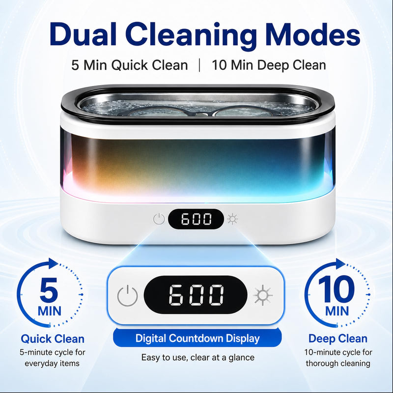 Ultrasonic Jewelry Cleaner Machine, 7-Color Flowing LED Light, 48kHz Sonic Cleaner for Jewelry, Glasses, Retainers, Dentures, 304 Stainless Steel Tank, Digital Timer, Dual Cleaning Modes - White