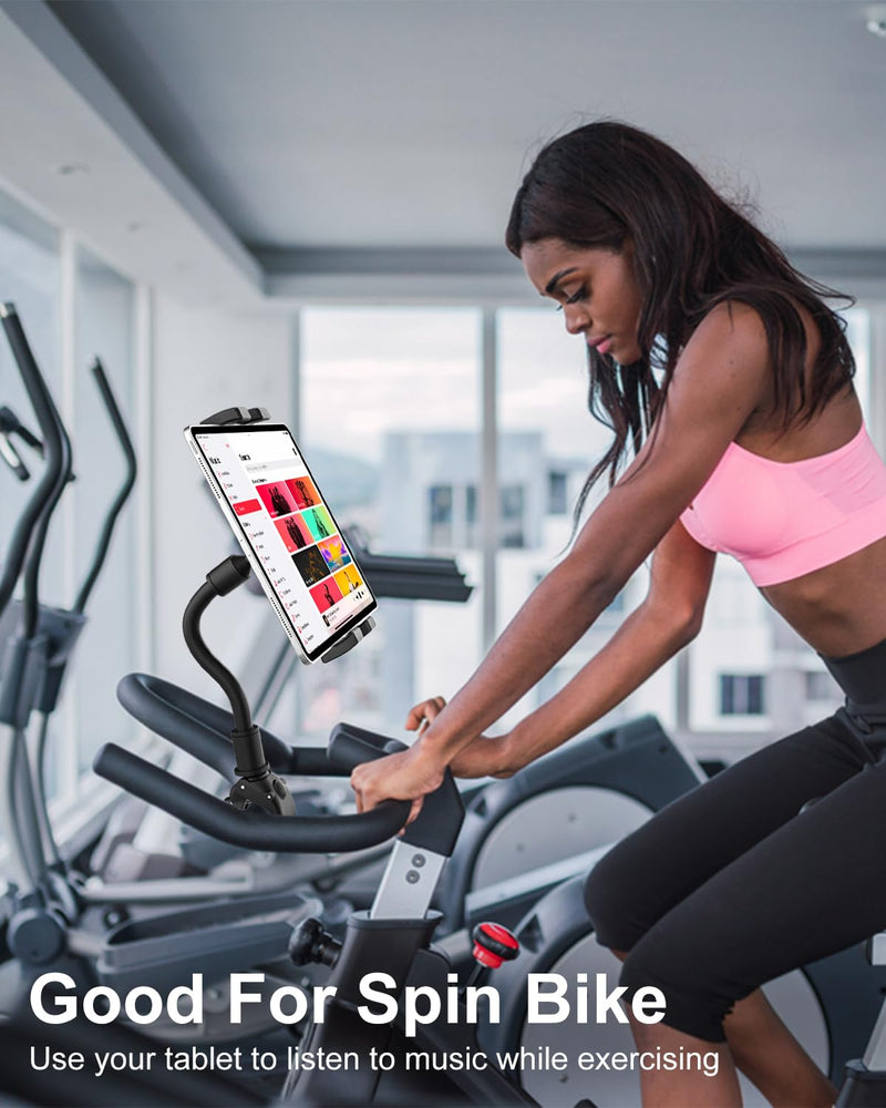 Gooseneck Spin Bike Tablet Mount, Exercise Bikes Treadmill Tablet Holder, Indoor Bicycle Elliptical Handlebar Tablet Stand for iPad Pro 12.9/ Air/Mini, Galaxy Tabs, Cell Phones, 4-13" Devices