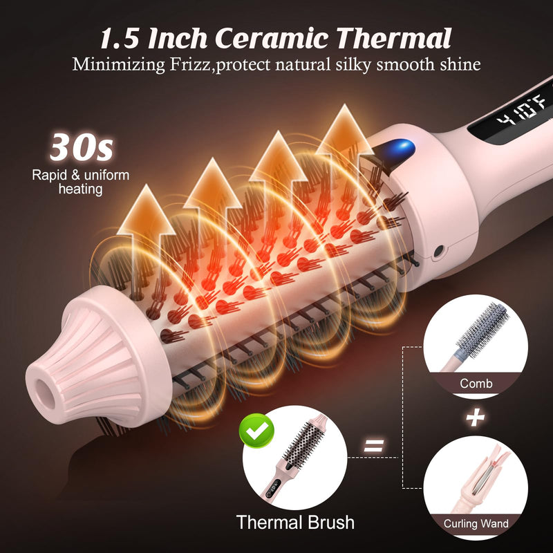 Thermal Brush, Heated Hot Brush for Hair Styling, 38mm Dual Voltage Hot Hair Straightener Curler with 6 Temperature Adjustable Heated Curling Iron for Women