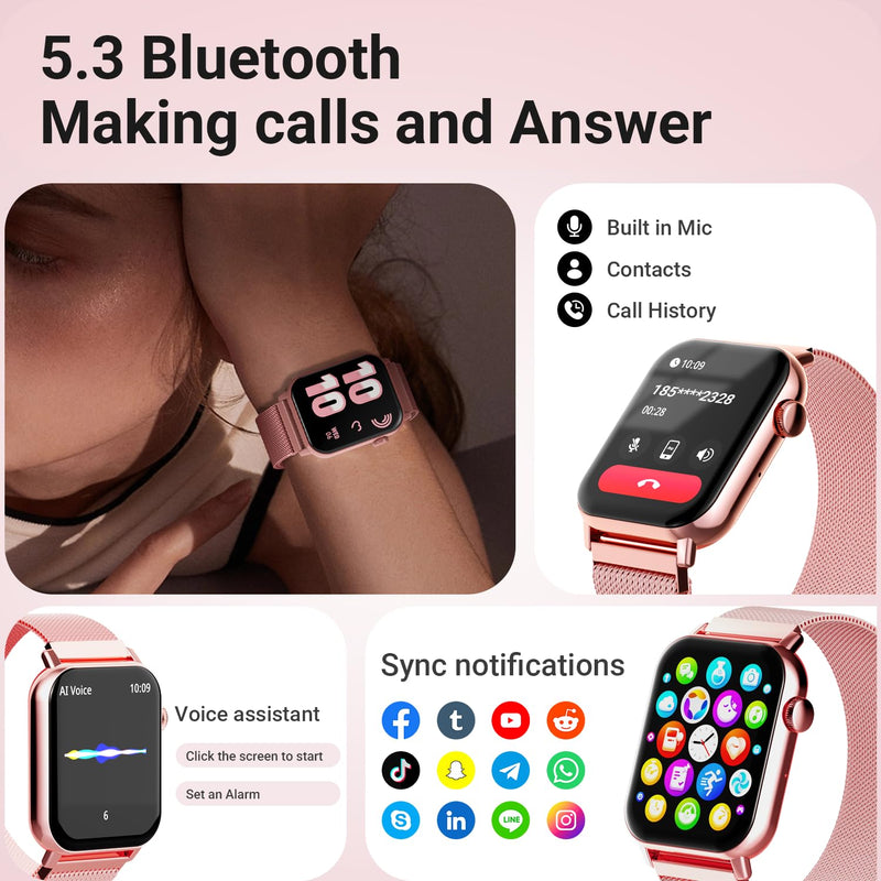 Trendia Smart Watches for Women, 1.83'' HD Fitness Tracker with Answer/Make Calls, Heart Rate/Sleep/SpO2 Monitor, 120+ Sport Modes, IP68 Waterproof, Compatible iPhone/Android Rose Pink