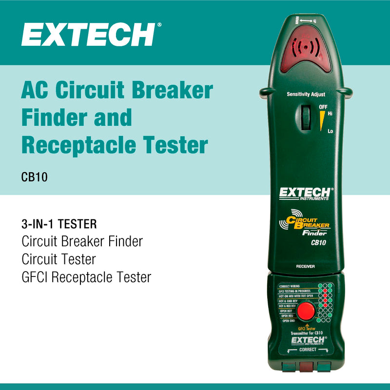 Extech CB10 AC Circuit Breaker Finder and Receptacle Tester - Professional Grade GFCI Outlet Tester for Home & Industrial Use - Pinpoint Breakers and Fuses - Includes 9V Battery and LED Indicators