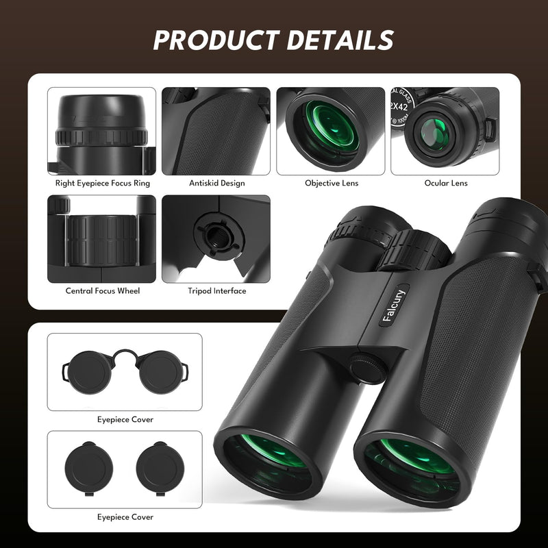 12x42 HD Binoculars for Adults & Kids High Powered Compact Binoculars with Low Light Night Vision for Bird Watching, Hunting, Cruise Travel, Camping, Hiking and Outdoor Sports, Gifts for Men
