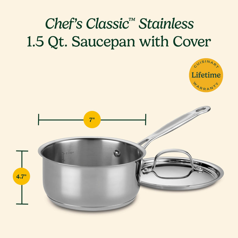 Cuisinart 1.5 Quart Sauce Pan with Cover, Stainless Steel Pot with Lid, Small Kitchen Pots, Dishwasher Safe, Compatible with Induction, Electric, Gas Cooktops, Oven Safe Saucepan, Cool Grip Handles 1.5-Quart 1.5 Quarts