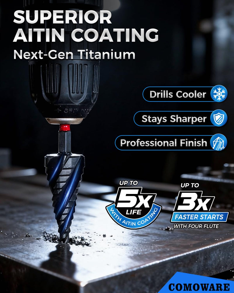 COMOWARE Step Drill Bit Set, 1/8~1-3/8" 5Pcs Four Spiral Flute Step Drill Bits for Metal, AITIN Coated Step Bit with 1/4" Hex Shank for Metal, Stainless Steel, Aluminum, Wood, Plastic