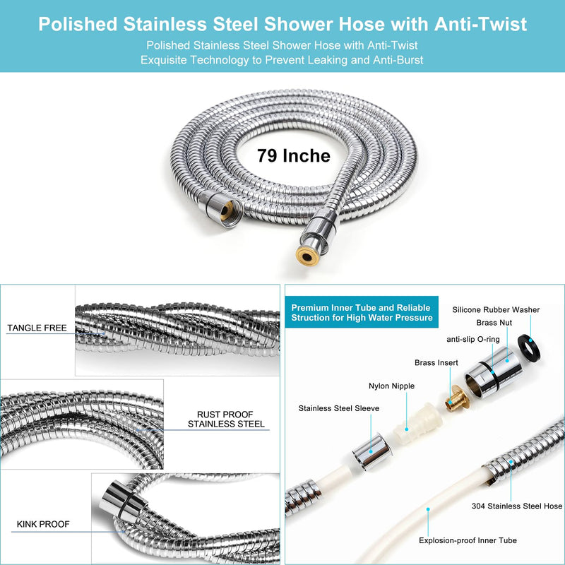 Handheld Shower Head with ON/OFF Switch,Detachable 8 Mode High Pressure Shower Wand with Long Hose and Bracket PLUS Extra Adhesive Holder for Lower Mount,Built-in Power Wash to Clean Tub,Silve Silver
