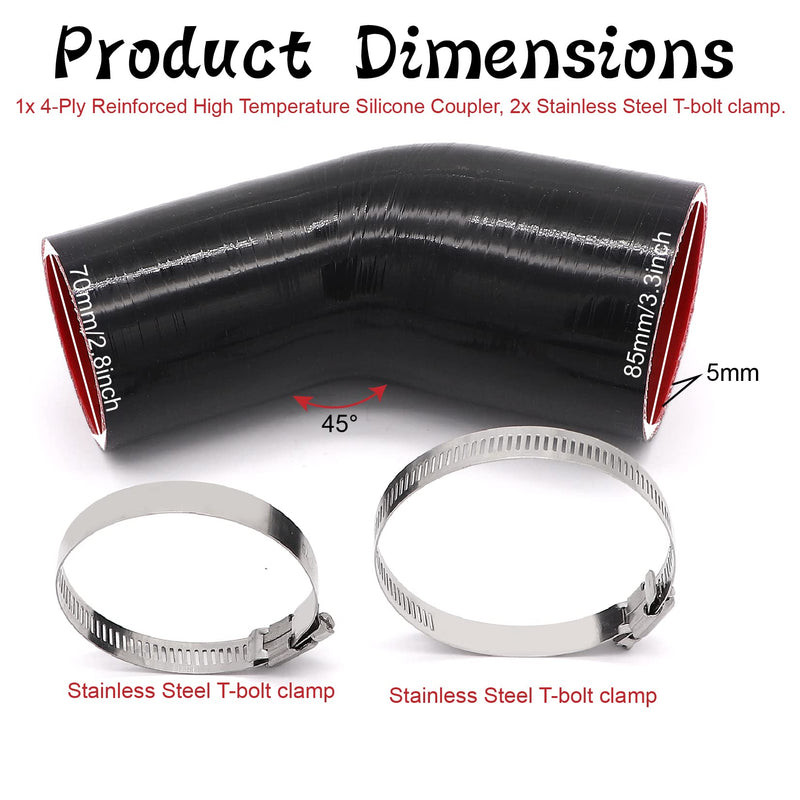 45 Degree 2-1/2 to 3 inch(63-76mm) Silicone Reducer Coupler Hose,4-Ply Reinforced,Length 4inch(102mm) with 2PCS clamps Turbo/Intercooler/Intake Piping Reducer ID2.5-3" 45 degree