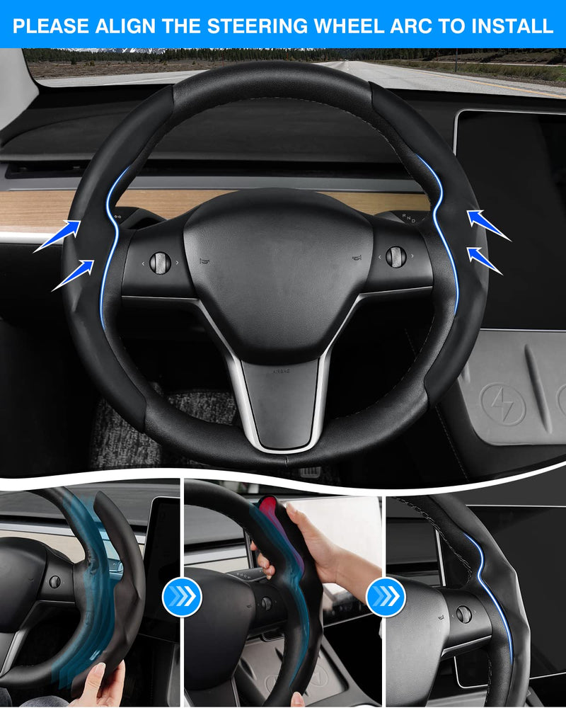  [AUSTRALIA] - Steering Wheel Cover for 2016-2026 Telsa Model 3/Y Highland/Juniper Accessories Steering Wheel Cover Protector Anti-Slip, Comfortable Grip, Breathable, Model 3/Y Accessories, Black Leather
