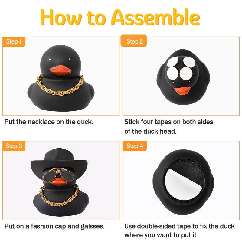 wonuu Car Dashboard Rubber Duck Ornament, Car Decoration Colour Ducks Accessories with Mini Hat Necklace and Sunglasses, M-Black-Top Hat