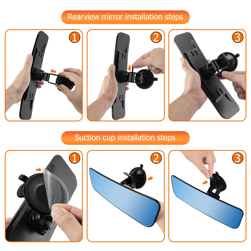 12'' Large Anti Glare Rear View Mirror with Suction Cup, Stick on Universal Frameless Inside Rearview Blue Mirror with Parabolic Wide Angle Mounted on Windshield for Car Marine Auto Boat Truck SUV Van