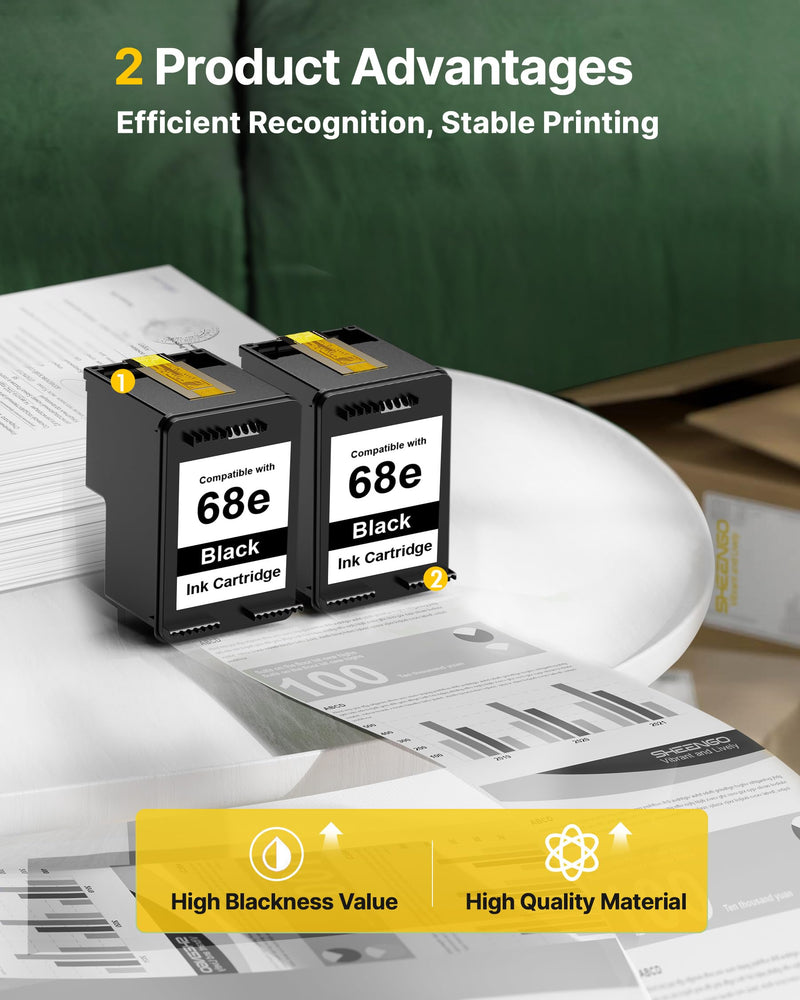 68XL 68e 68 Black Ink Cartridge Replacement for HP Ink 68 68XL 68e Black | 68XL for HP Envy 6155e 6555e Ink Cartridges Compatible with Envy 6155e 6555e 6152e 6552e 6100e 6500e Series Printer (2 Black)