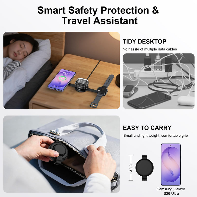 3 in 1 Wireless Charging Station Samsung, Foldable Wire Less Charging Pad for Samsung S26 S25 Ultra S24, Fast Charging Station Galaxy Watch8/7 Galaxy Buds4, Travel Charger for Samsung Multi Devices Wireless Charger Black