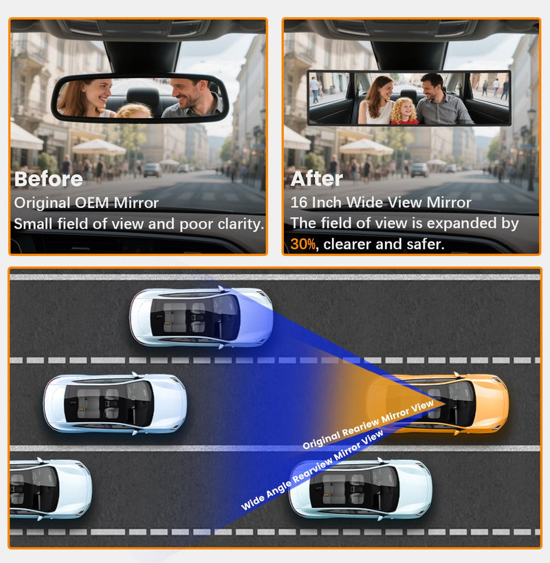  [AUSTRALIA] - Rear View Mirror, Chrome Anti-glare Panoramic Rear Mirrors Universal 16 Inch Convex Interior Clip on Extra Big Wide Angle Rearview Mirror Extender to Reduce Blind Spot for Pickup Truck Van 1
