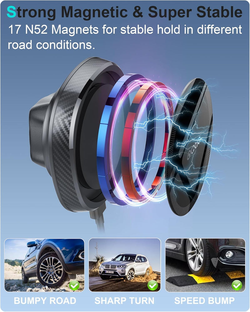 for MagSafe Wireless Car Charger Cup Holder Mount Compatible with iPhone 17/16/15/14/13/12, Magnetic Car Phone Mount 15W Fast Charging Telescopic Arm Heat Dissipation System, with PD 30W Adapter