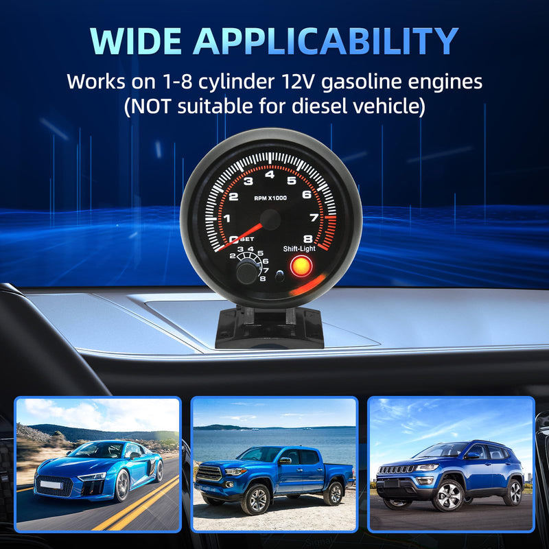 3.75 inch (95mm) Tachometer with Shift Light, 8000 RPM Gauge, 5-Level Adjustable Brightness Backlight Tach for 12V AUTO
