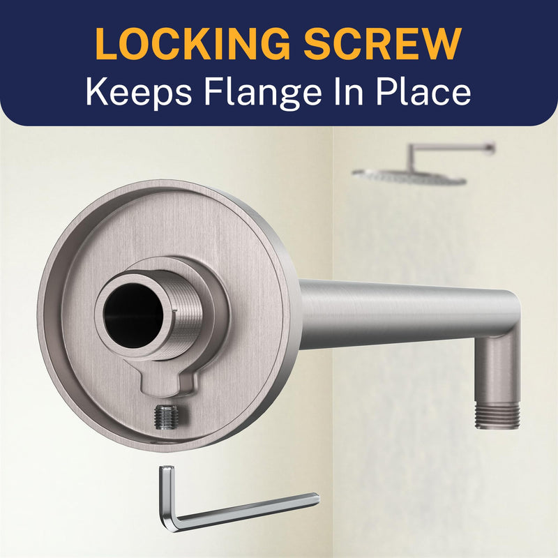 HammerHead Showers® Solid Metal 16 Inch Extended Shower Arm and Flange with Set Screw, Long Shower Arm, Extends Rain Shower Overhead, Wall-Mounted Rain Shower Arm, Brushed Nickel
