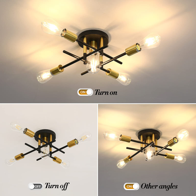 UOFUS Farmhouse 5-Light Semi Flush Mount Ceiling Light Fixture with E26 Modern Matte Black and Gold Chandelier Sputnik Ceiling Lamp for Hallway Kitchen Dining Room Bedroom Study Living Room Bathroom 5 light