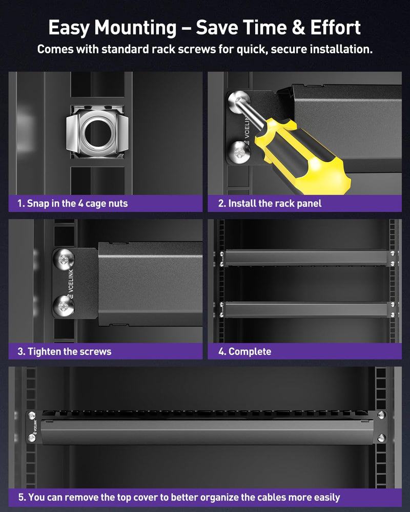 VCELINK 1U Server Rack Cable Management 24-Slot, 19" Carbon Steel Horizontal Network Cable Management for Network Cabinet, All-Metal Black 1 Pack 1 Pack of 1u 24-slot