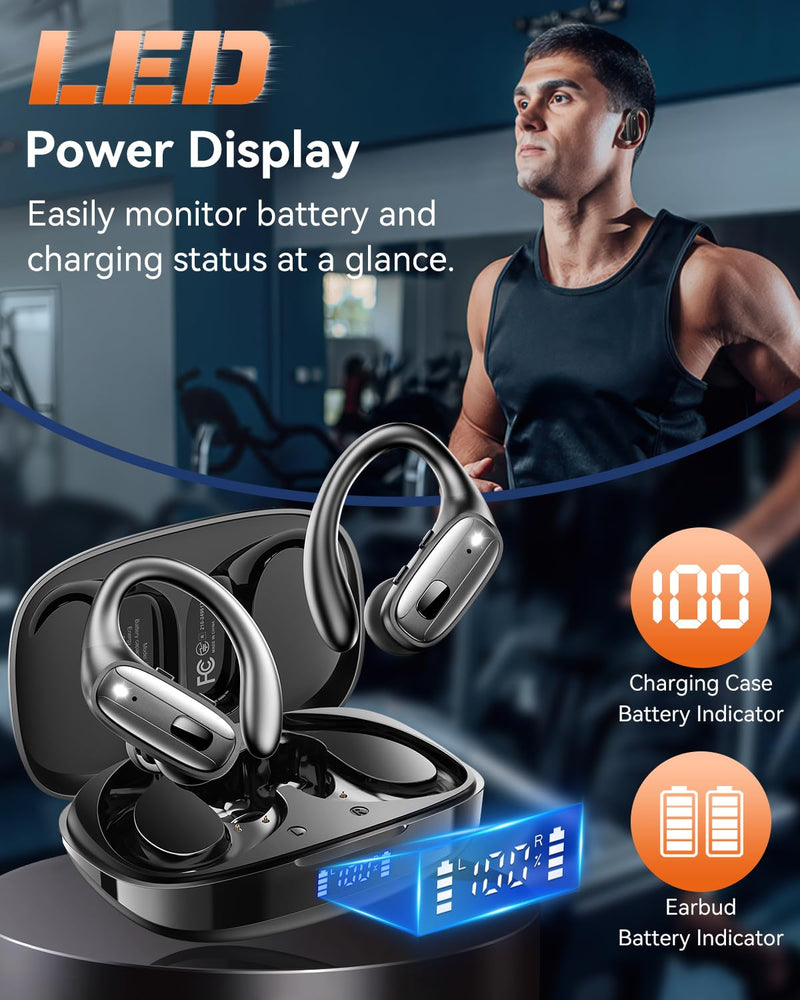 Wireless Earbuds with Ear Hooks, Running Headphones, Ear Buds for Sports | 80H Long Playtime, Noise Cancelling, Physical Button Control, LED Display, IPX7 Waterproof Workout Earphones, Black