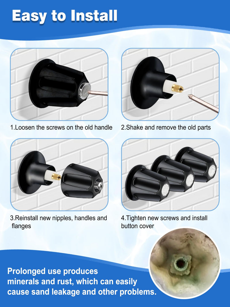 3 PCS Metal Shower Knob Replacement, Tub Faucet Handle with Hot/Cold/Diverter/Flange Base, Bathtub Knob Compatible with Price Pfister Verve Fits 5-1/2''H,12 Tooth Broach Stem (Black) Black