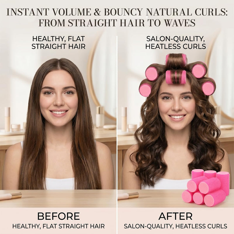 8 PCS No Hair Breakage Rollers, Large Self Grip Hair Curlers for Crown Volume, Heatless Sponge Sleep in Rollers, Volumising Velcro Hair Styling Tools for Long Short Hair, Pink