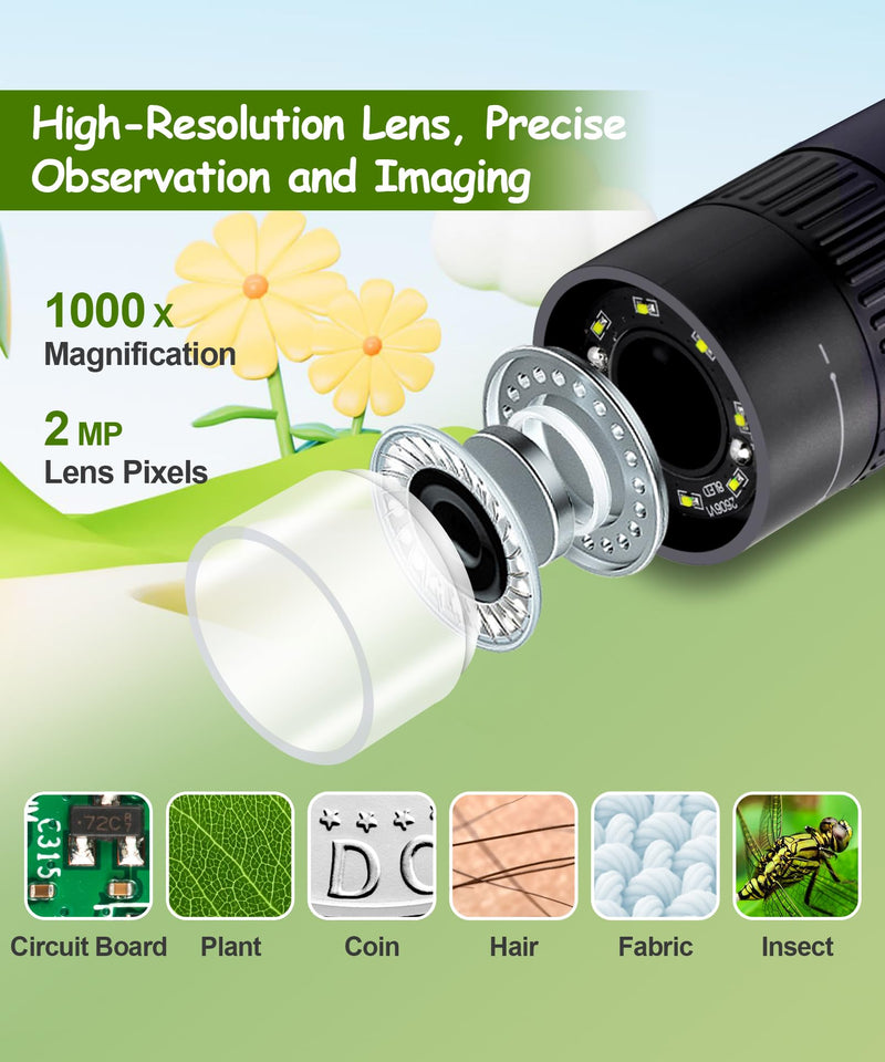Handheld Microscope for Kids - 1000X Portable Microscope for Kids, Photo and Video Microscopes 2in Screen, Science Kit Gift for Kid Adults Boys Girls, Digital Coin Magnifier, 32GB, 5Pcs Sample Slides