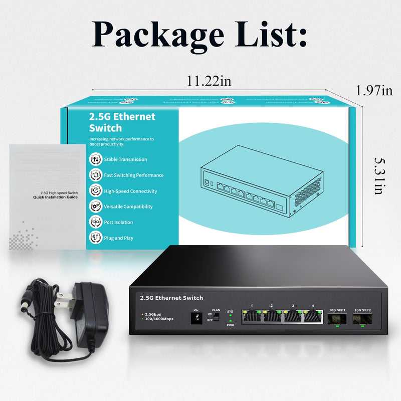 6 Port 2.5GB Ethernet Switch Unmanaged Network Switch | 4 x 2.5 Gigabit | 2 x 10G SFP+ | Multigig Switch 10-100-1000Mbps | 60G Bandwidth | Plug & Play | Fanless Metal Ethernet Switch 6 ports |4*2.5G+2*10G SFP