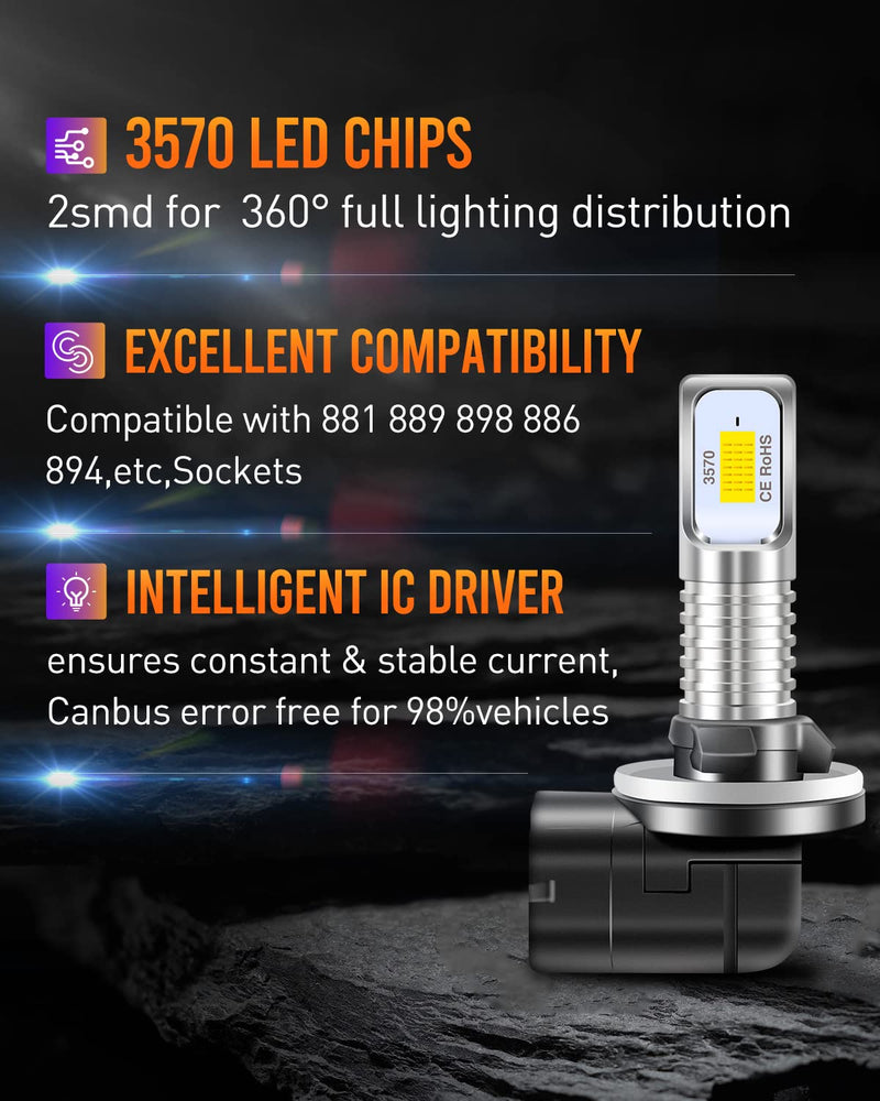 LUYED 881 Led Fog Light Bulb,6500K Xenon White Extremely Bright 886 889 894 898 Led Bulb Replacement for Fog Lights,Pack of 2