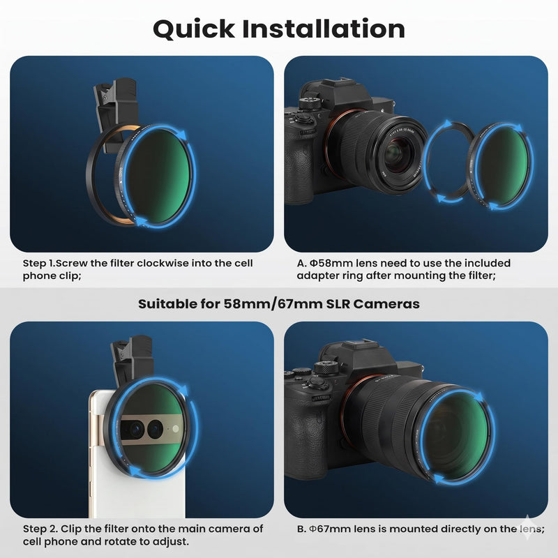67mm ND2-400 Variable Neutral Density Filter for Smartphone & DSLR | HD Adjustable Camera Lens Attachment, Universal Clip & Adapter Ring, Samsung iPhone 17 16 15 14 and Other Smartphones/Camera