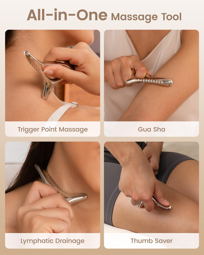 lifechill Trigger Point Massage Tool for Deep Tissue, Muscle Scraper Tool for Fascia Release, Metal Body Gua Sha Tool, Lymphatic Drainage Massager, Thumb Saver,Scar Tissue Massage,Acupressure Tool Silver