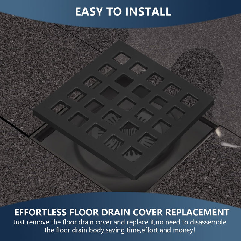 Uni-Green 3-3/4 inch Square Shower Drain Grate - 3.75" Matte Black Shower Floor Drain Cover Replacement - SUS304 Stainless Steel Hair Catcher/Drain Strainer for Bathrooms, Showers