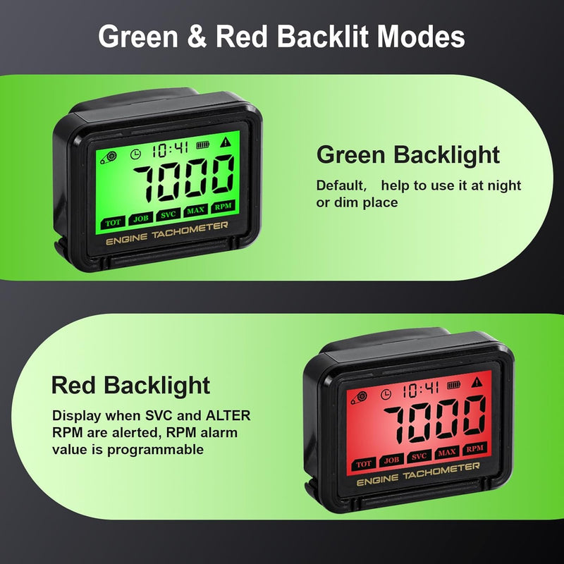 Digital Tachometer, Tach Hour Meter, Small Engine Tachometer with RPM Alarm, Clock, Battery and Memory Function, Auto Sleep and Reset, for Snowmobile Skis Motor Bike Go Kart Lawn Mower