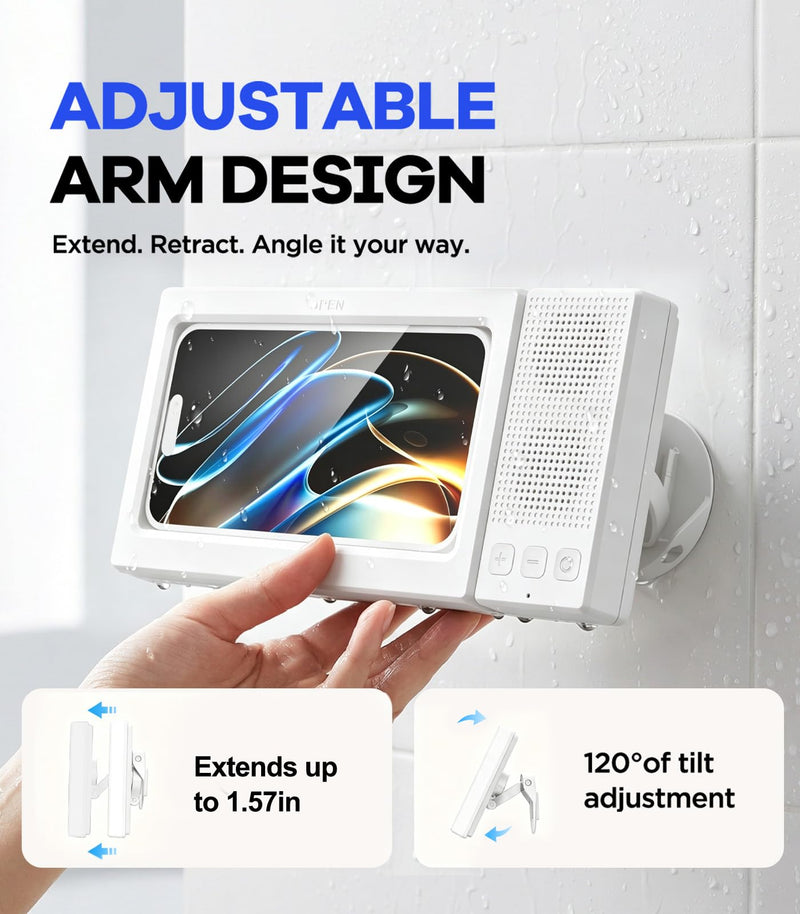 2nd Gen Shower Phone Holder Waterproof with Speaker Hole 1200mAh | 18H Playtime With Dual Bluetooth Speaker IPX6 Speakers High-Sensitivity Touchscreen Rich Bass Sound Bluetooth 5.3 (White） White