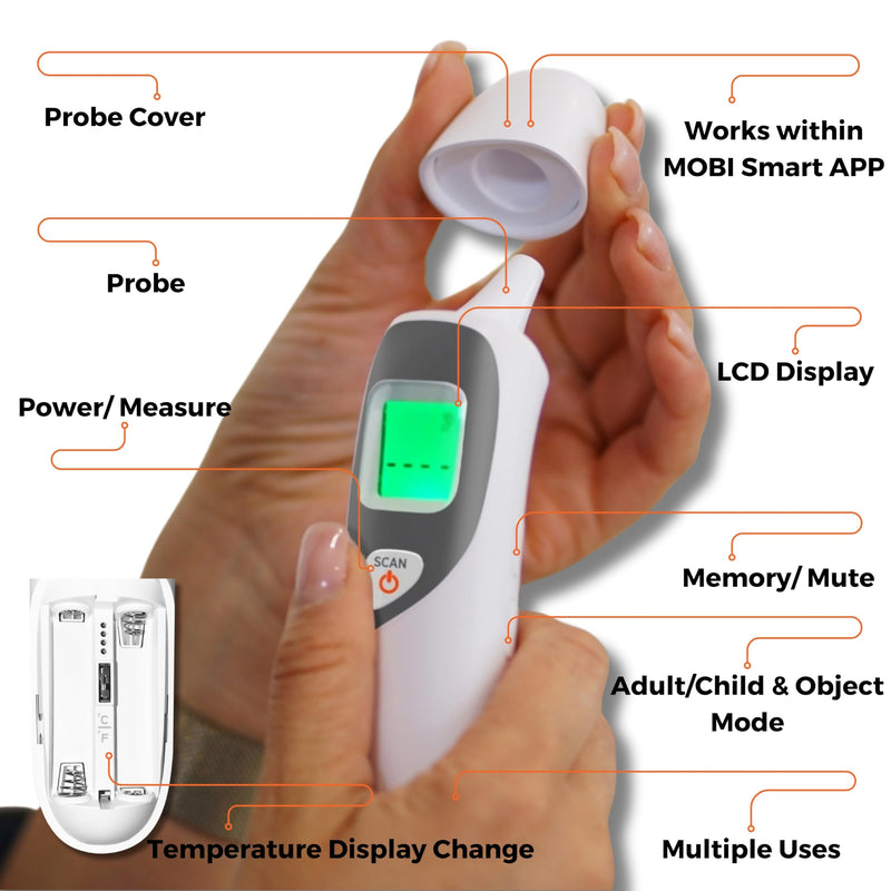 MOBI Connect Ear and Forehead Thermometer with Fever Indicating Light, Infant and Adult Mode, Smart App Integration, Batteries and Carrying Case Included