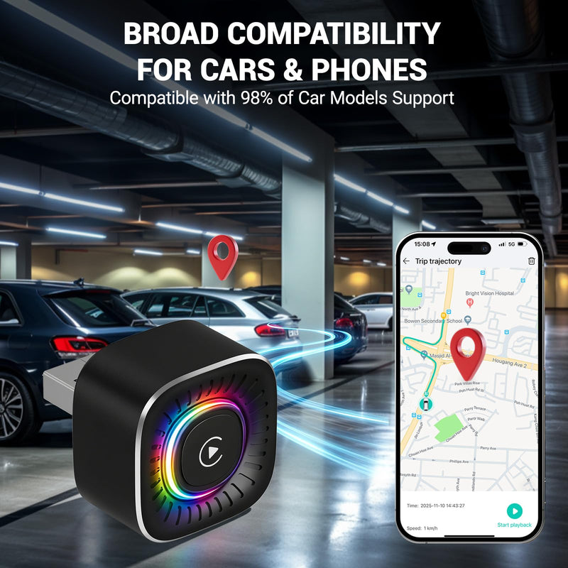 Wireless CarPlay Adapter & GPS Tracker, 2-in-1 Mini USB Dongle with Fast Auto Reconnect CarPlay Wireless Adapter, Plug and Play for OEM Factory Wired CarPlay Vehicles Black