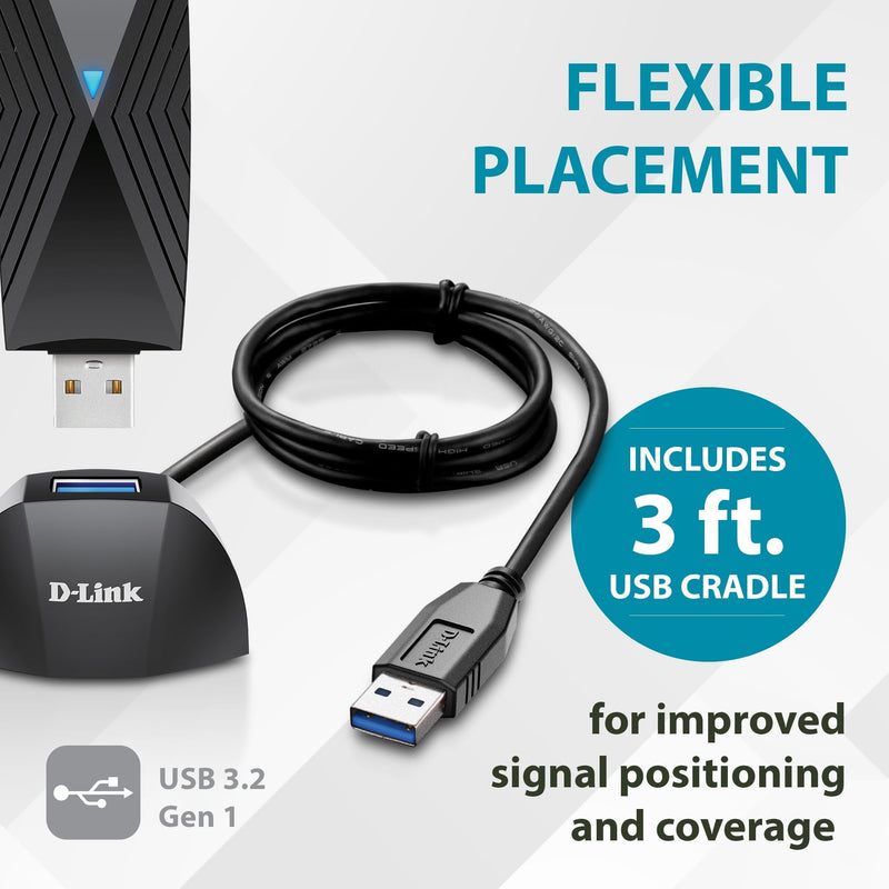 D-Link USB WiFi 6 Adapter AX1800 USB 3.0 Dual Band Long Range MU-MIMO Wireless Internet Network for Desktop PC Laptop Windows (DWA-X1850-B1) Black AX1800 USB Adapter (New)