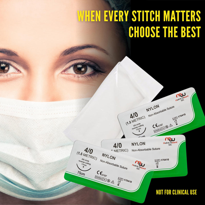 4-0 Sterile Suture Threads with Needle (24 PK Nylon) - Camping Survival Demo, Military Tactical Drill, Clinic Rotation Suturing, First Aid Travel Safety, Taxidermy, Veterinary Use