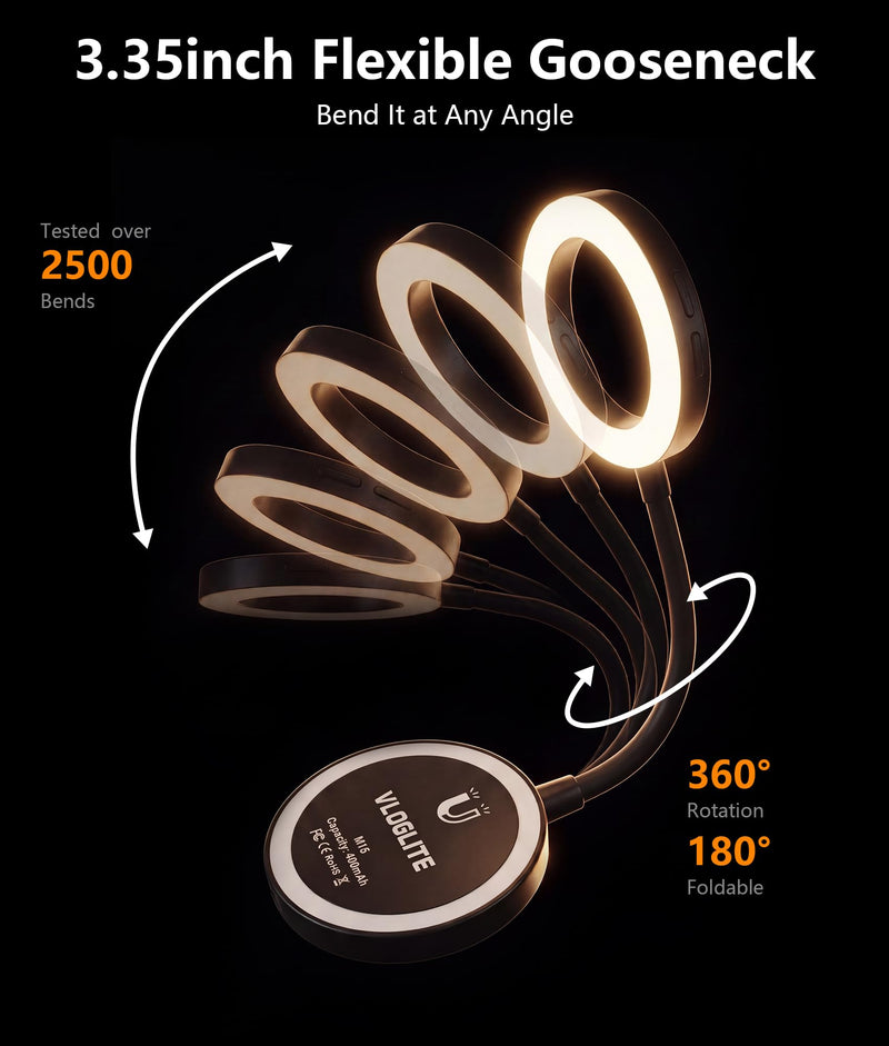 Magnetic Selfie Light,Gooseneck LED Ring Light, Portable Reading Light, Video Conference Light, 5 Brightness Levels,8 CCT Adjustable, Flexible Arm LED Lights for iPhone,iPad,Laptop,Kindle,Book