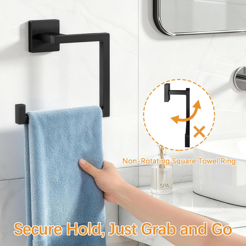 KLJKPA Square Towel Ring, Hand Towel Holder for Bathroom Wall Mount, Black | Toilet Paper Holder, Heavy Duty Towel Hanger for Shower, Kitchen, Stainless Steel, Space Saving, Multifunctional